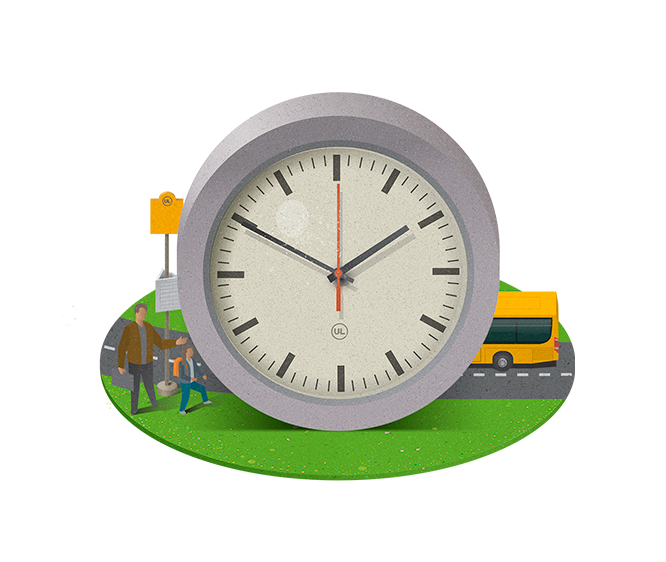 Illustration med analog klocka, människor och en regionbuss